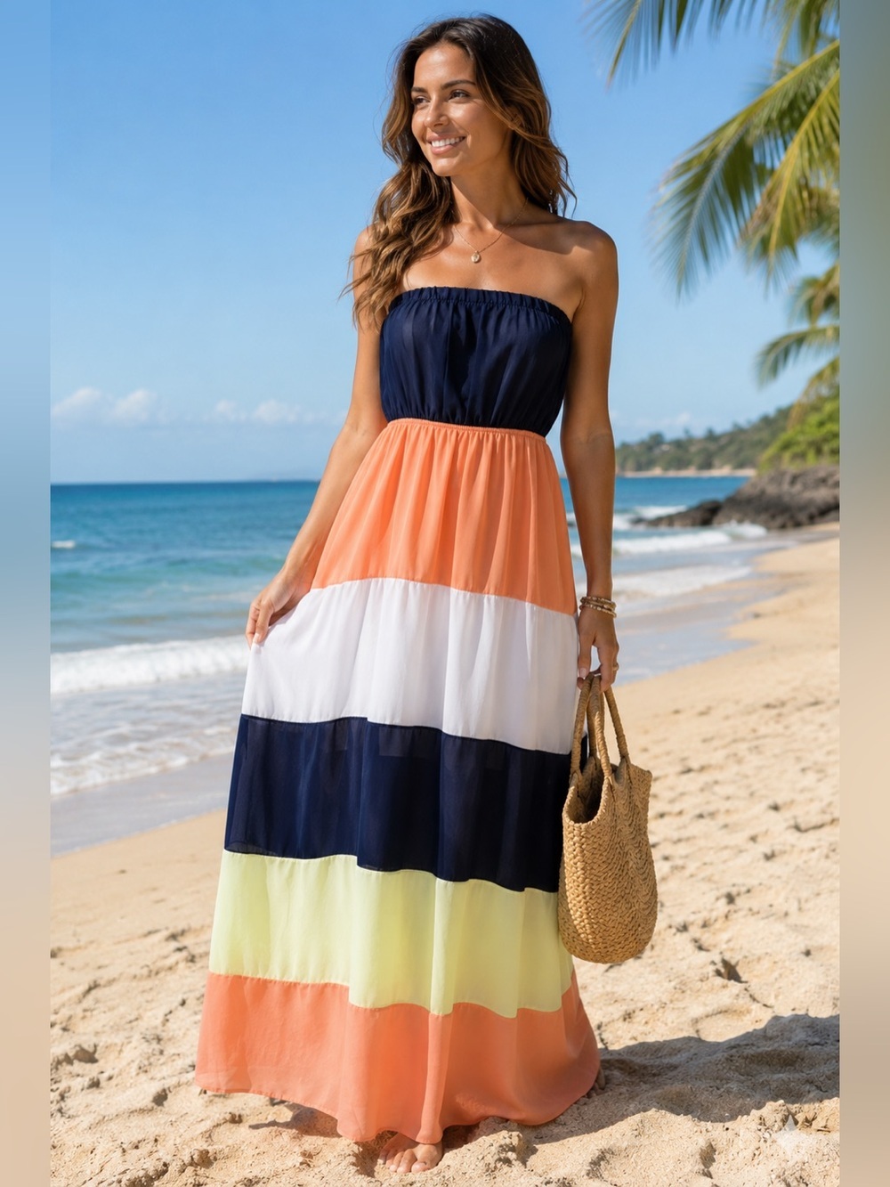 Strapless Colorblock Maxi Dress in Navy, Coral, White & Lemon Size XS S Beach